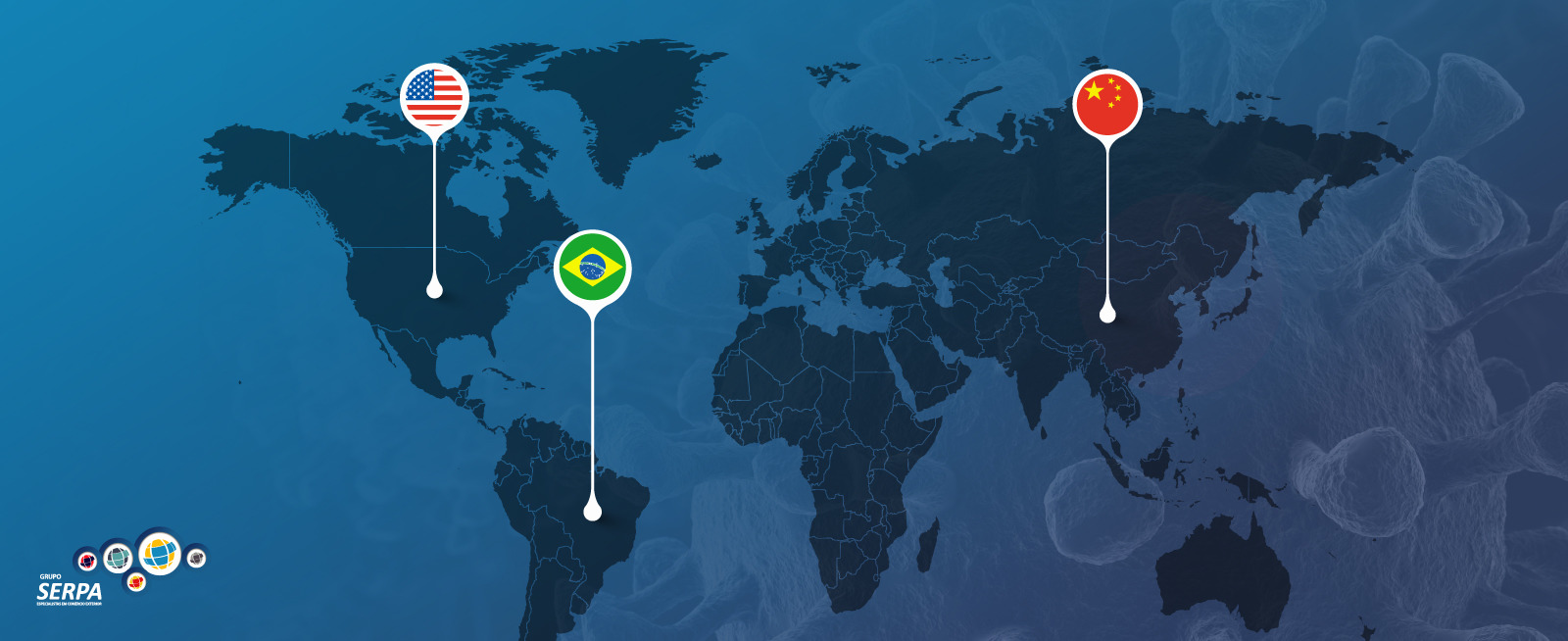Mapa marcando China, EUA e Brasil com impactos do Coronavírus